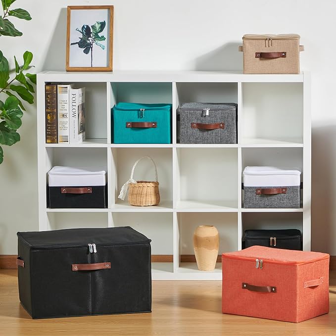 2 Pack Storage Bins with Zipper Lid Cotton Linen Fabric Lidded Storage Baskets Boxes Foldable Washable Closet Shelf Clothes Organizer Container with PU Leather Handles (Purple, Small)