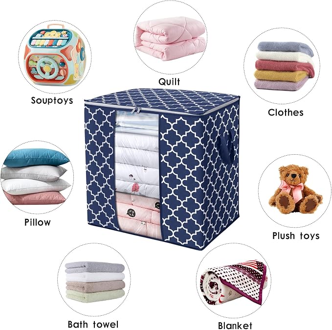 WISELIFE Storage Bags 6 Pack/100L Large Blanket Clothes Organization and Storage Containers for Comforters,Bedding, Foldable Organizer with Reinforced Handle, Clear Window, Sturdy Zippers,Blue