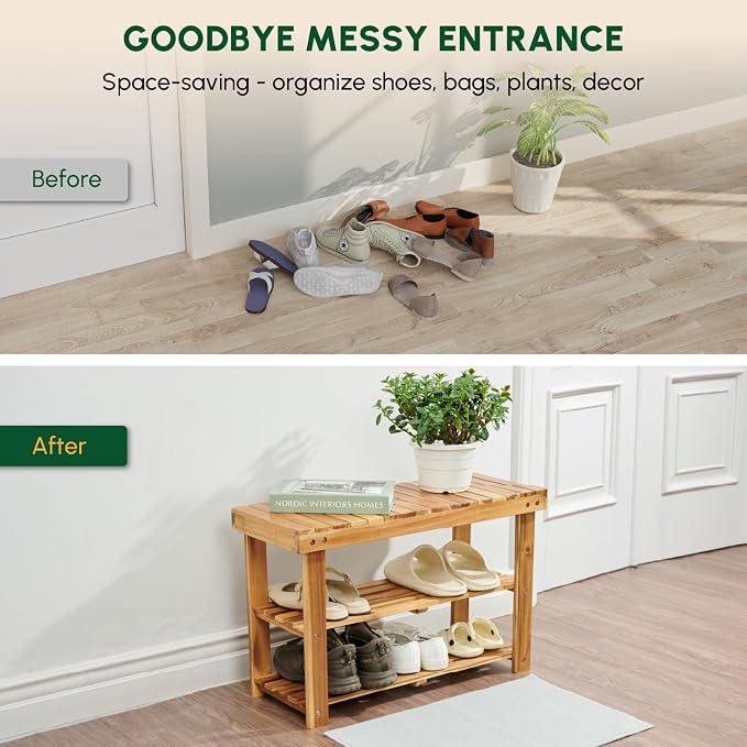BEEFURNI Wooden Shoe Rack Bench, 3-Tier Wooden Shoe Organizer for Entryway, Aciaca Bench with Shelf, Solid Wood Shoe Storage Bench for Doorway, Hallway, 300 LBS, 1-Year Warranty, Natural Acacia