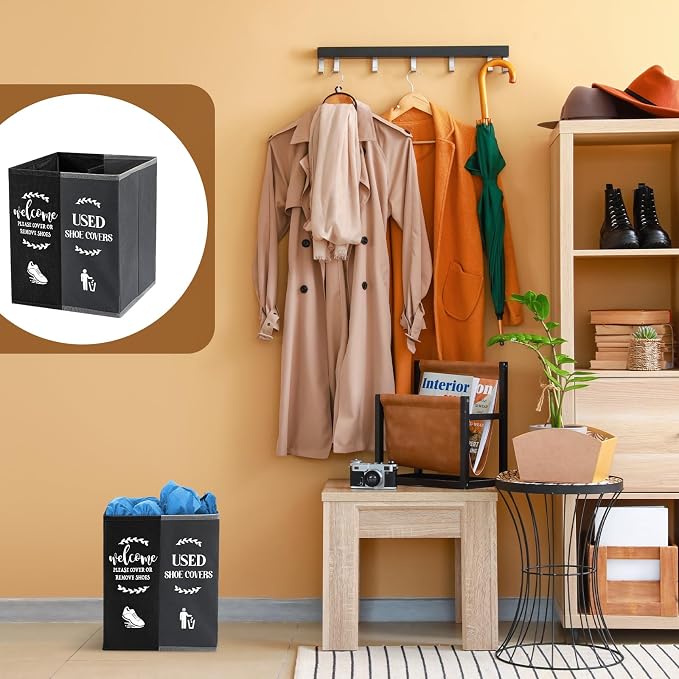Shoe Cover Box Dispenser Foldable Storage Bin Holder with Used Shoe Covers and Welcome Please or Remove Sign for Open House Supplies (Black, Gray)