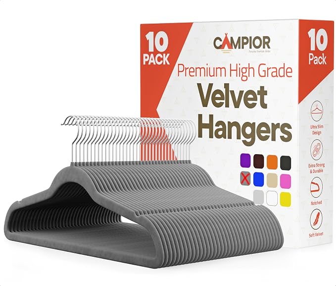 Gray Velvet Hangers 10 Pack – 360° Swivel Hook, Non-Slip and Space Saving Hangers, Heavy-Duty 11 lbs Weight Capacity - Smooth Velvet Finish for Crease-Free Clothes and Effortless Closet Organization