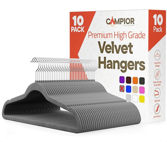 Gray Velvet Hangers 10 Pack – 360° Swivel Hook, Non-Slip and Space Saving Hangers, Heavy-Duty 11 lbs Weight Capacity - Smooth Velvet Finish for Crease-Free Clothes and Effortless Closet Organization