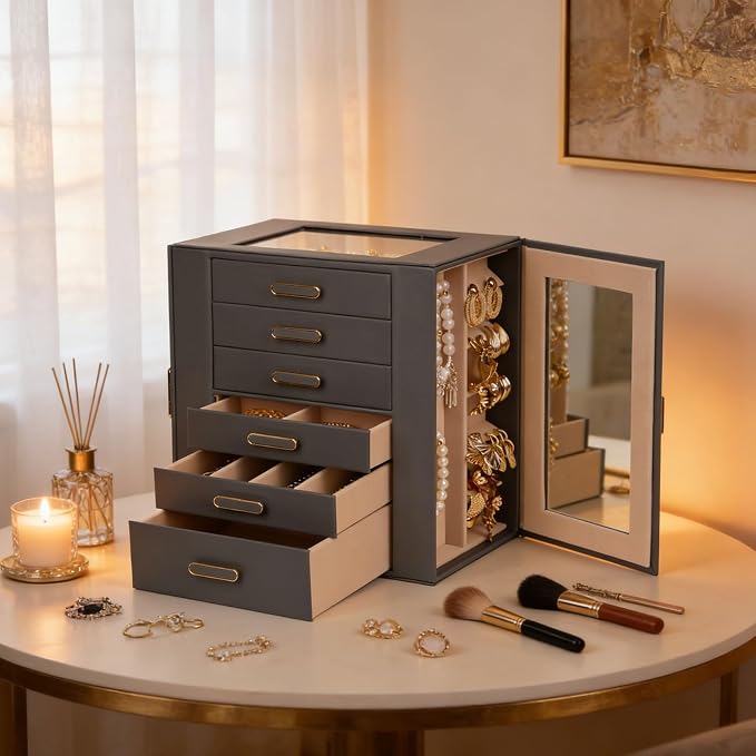 BOOVO Clear Lid Jewelry Box,6 Layers Jewelry Organizer Large Jewelry Storage Box with 6 Drawers,Jewelry Holder Organzier of Rings Earrings Necklace Bracelets for Women (Grey, 6 Layer)