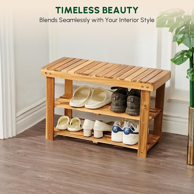 BEEFURNI Wooden Shoe Rack Bench, 3-Tier Wooden Shoe Organizer for Entryway, Aciaca Bench with Shelf, Solid Wood Shoe Storage Bench for Doorway, Hallway, 300 LBS, 1-Year Warranty, Natural Acacia