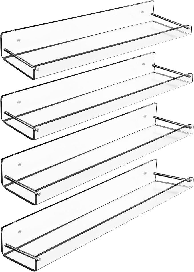 AMT 4 Pack Acrylic Floating Shelves, 15" L x 3.25" W, Clear Bathroom Wall Shelf, Bookshelves, Invisible Display for Office, Bedroom, Small Gap Allows Water to Escape, Free Screws & Drill Bit (Medium)