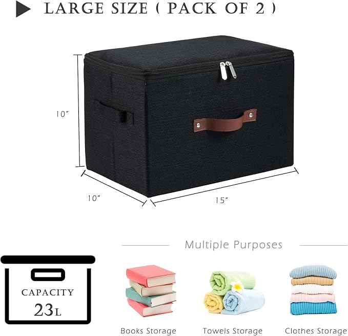 2 Pack Storage Bins with Zipper Lid Cotton Linen Fabric Lidded Storage Baskets Boxes Foldable Washable Closet Shelf Clothes Organizer Container with PU Leather Handles (Black, Large Size)
