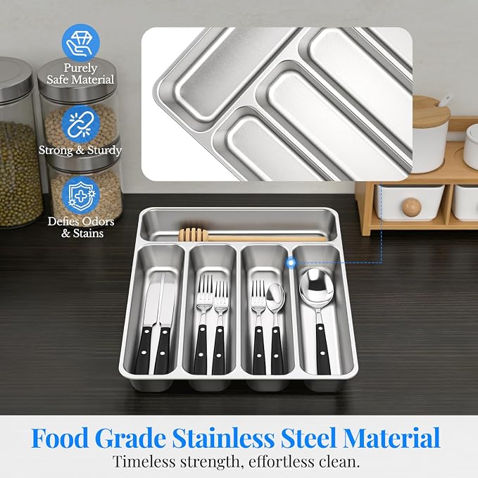 IKOCO 2-Pack Silverware Organizer, Stainless Steel, Dishwasher Safe | Each: 13.8" x 11.4" x 1.6", Rust-Resistant & Non-Absorbent, 5-compartment, Holds Spoons/Forks/Knives, Fits Standard Drawers