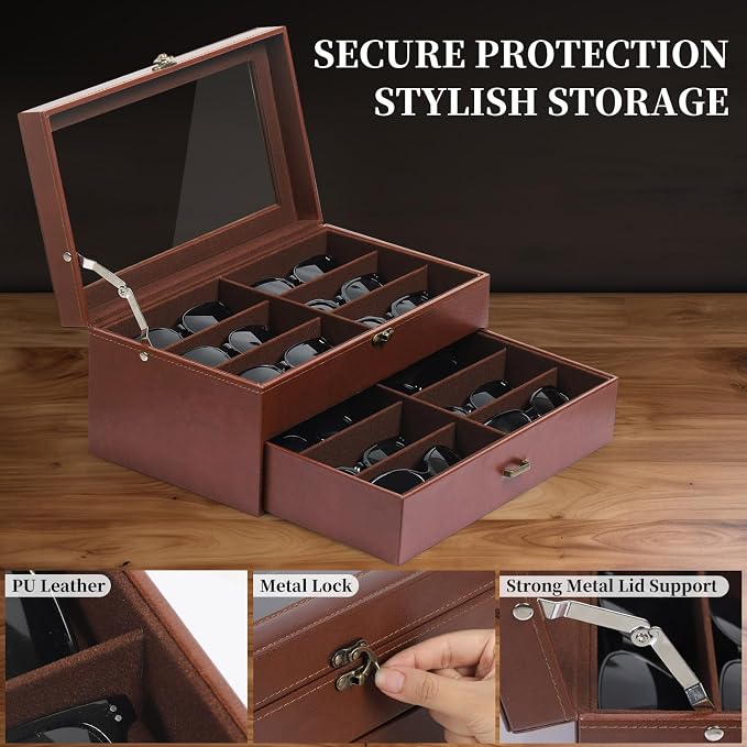AUTOARK Leather & Velvet 12 Piece Eyeglasses Display Case,Coffee,AW-164 | Clear Lid,Storage and Sunglass Organizer,Drawer Lockable