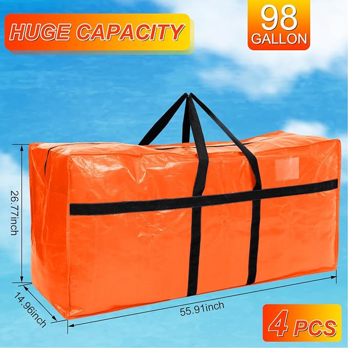 Windyun 4 Pack 98 Gallon Extra Large Moving Bags XXL Heavy Duty Storage Bag with Strong Zipper Handle Jumbo Big Tote Box Foldable for College Dorm Travel Clothes Duffle Blanket Pillow(Orange)