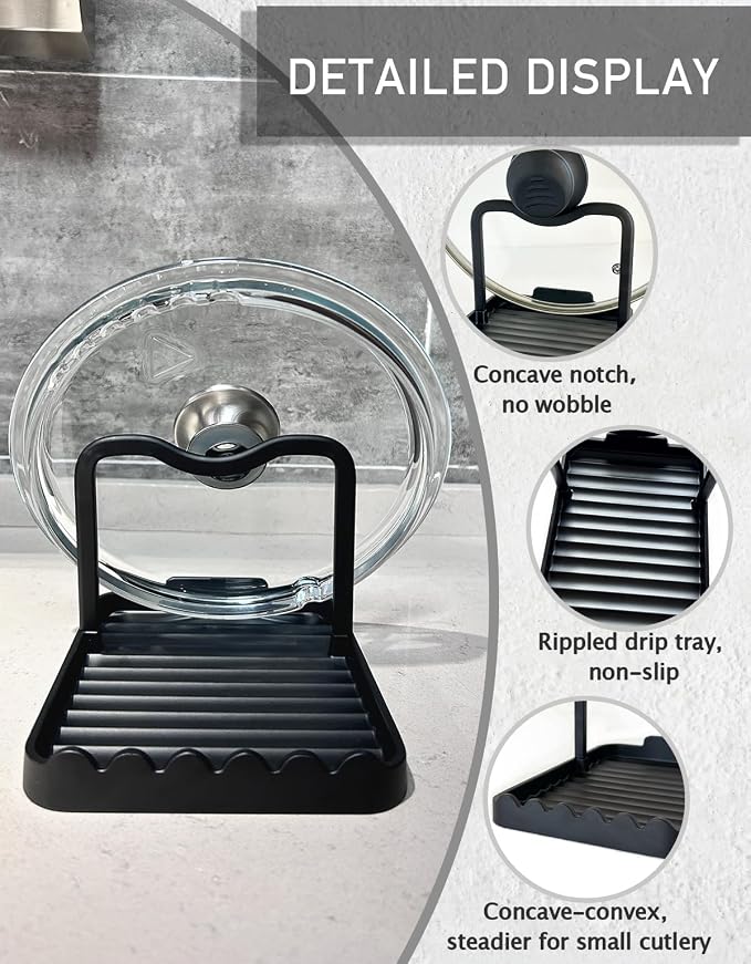 Anti-Rust Metal Spoon Rest with Lid Holder, Heat-Resistant Pot Lid Rest, Multifunctional Spatula Holder While Cooking for Stovetop and Kitchen Counter – Black