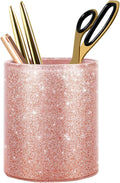 Pen Holder for Desk, Pencil Cup Pink Glitter Bling for Women Girls, Luxury Makeup Brush Holder Large Pu Leather Multi-Functional Organizer Cup for Office, Classroom, Home, Rose Gold