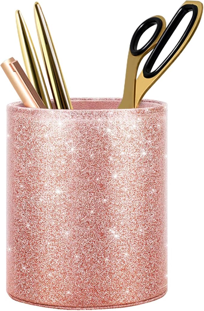 Pen Holder for Desk, Pencil Cup Pink Glitter Bling for Women Girls, Luxury Makeup Brush Holder Large Pu Leather Multi-Functional Organizer Cup for Office, Classroom, Home, Rose Gold
