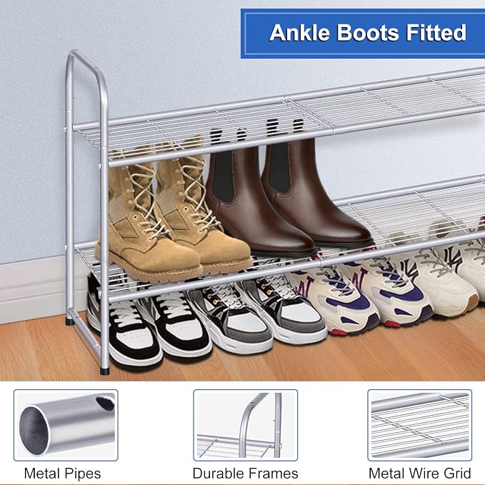 KEETDY 2-Tier Long Shoe Rack for Closet Shoe Organizer for Entryway, Metal Stackable Shoe Storage Shelf for 18 Pairs Sneakers with Strong Wire Grid, Gray