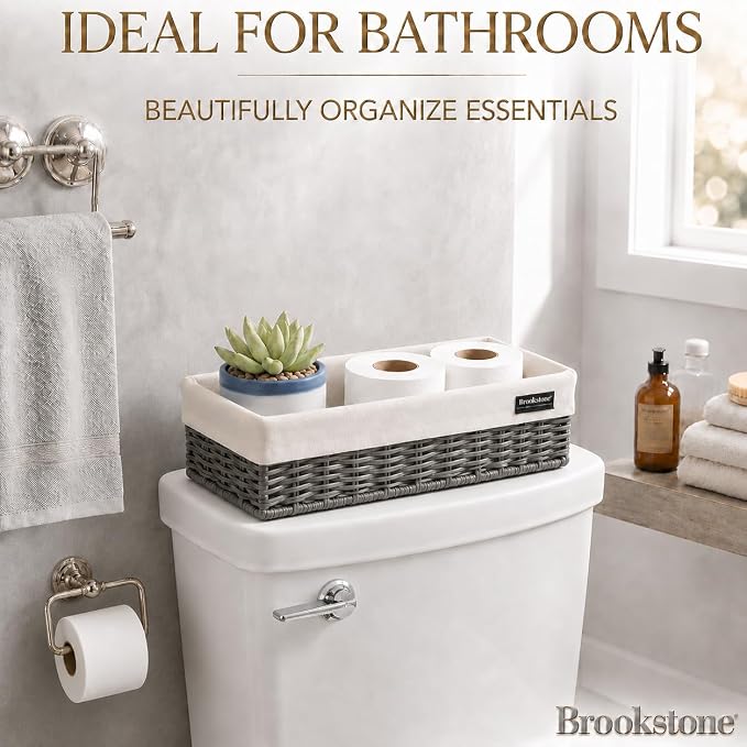 Brookstone Over the Toilet Tank Wicker Storage Basket, Bathroom and Closet Organizers and Storage Bins with Fabric Liner, Grey, 2 Pack Set