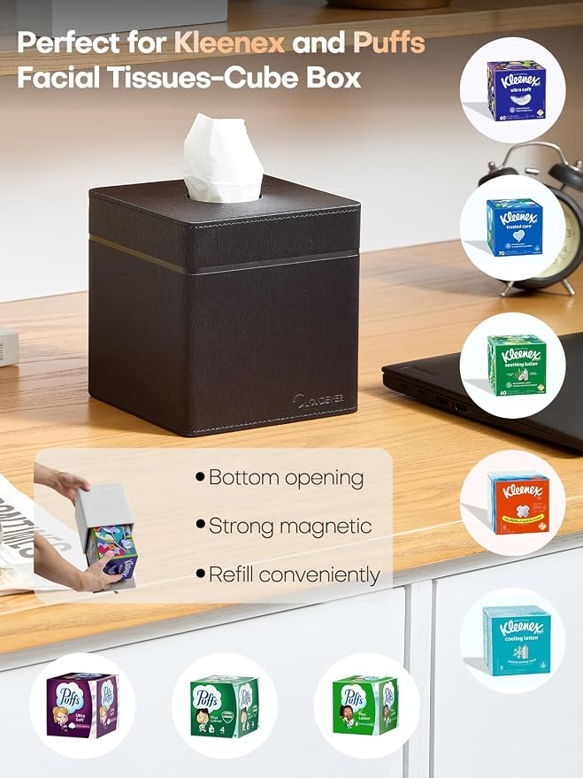 Square Tissue Box Cover Holder with Patented Texture for Kleenex/Puffs Cubes | Desktop & Shelf Decor | Stardust Black/Polar Ice/Liquid Iridium | Patented Metal-Look PU Leather-Stardust Black