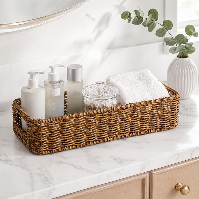 ZAVOOS 2 Pack Toilet Tank Basket with Handwoven Built-in Handle | Rectangular Wicker Shelf Baskets for Organizing, Countertop Storage Bin for Bathroom Tank Top, Bedroom Closet