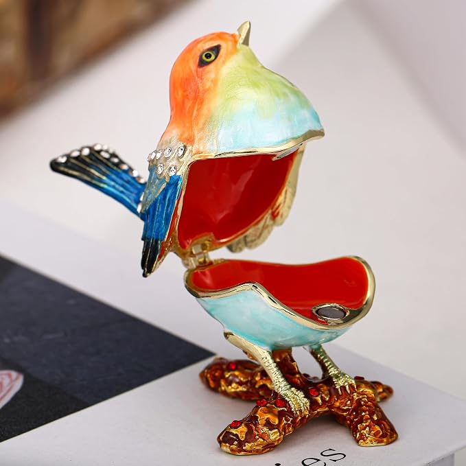 Hand Painted Enamel Robin Bird Trinket Box for Home Decor, Hinged Jewelry Organizer for Ring Earrings, Unique Figurine Keepsake Collectible Personalized Handmade Ornament Gifts (Multi-Sparrow)