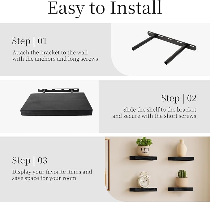 BGMG Wood Floating Shelves 12 inch,Black Floating Shelves,Solid Wood Wall Shelves for Bathroom Living Room Bedroom Kitchen Farmhouse Set of 2-12x 6.7 x1.25 inch