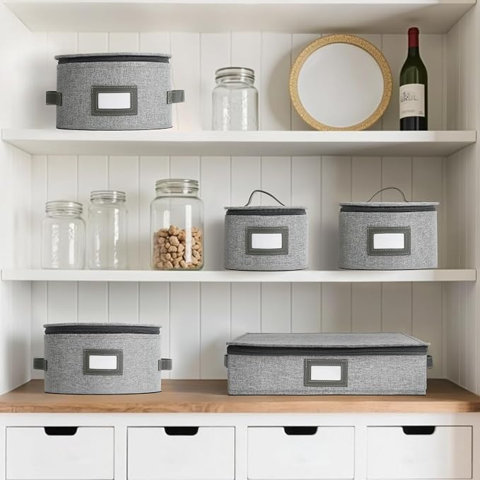 HOMELUX THEORY Flatware Storage Hard Shell China Storage Containers - Light Gray Silverware Organizer, Cutlery & Silverware Storage Box with 5 Dividers & Lid, Heavy Duty Moving Box with Handles