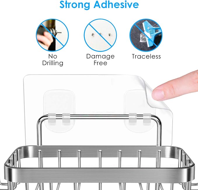 ODesign Soap Dish Holder SUS304 Stainless Steel with 6 Hooks Loofah Bath Sponge Towel Razor Holder for Bathroom Shower Kitchen Adhesive Wall Mounted No Drilling-Silver-1 Pack