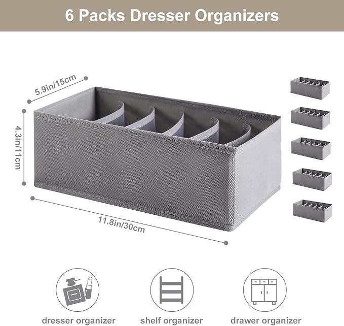 6 Pack Woven-Fabric Dresser Drawer Organizers, 36 Cells for Clothing & Baby, Bedroom Storage Drawers