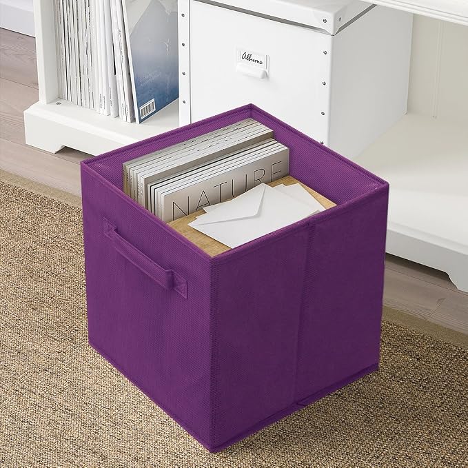 PowerKing Collapsible Storage Cubes with Handles, Fabric Foldable Bins for Closet Shelves, Durable Organization Storage Bins, 10.5'' x 11'' x 10.5'', 6 Pack, Dark Purple