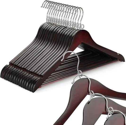 TOPIA HANGER Cherry Wood Hangers 30 Pack, Space Saving Coat Hanger with 360° Swivel Cascading Loop Hook, Non Slip Pants Bar and Shoulder Notches for Camisole, Jacket, Suit (Mahogany) -CT74M30