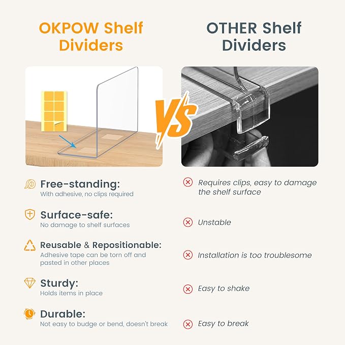 OKPOW Shelf Dividers for Closet Organization: 8 Pack Durable Clear Acrylic Divider Organizer for Shelves - Vertical Adjustable Shelving Separators for Clothing Purse