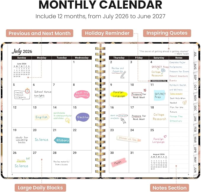 Planner 2026-2027, Hardcover Monthly and Weekly Academic Planner July 2026 - June 2027, Teacher and Student Calendar Agenda Book with Tabs, A5 (6.3" x 8.5"), Ideal for School and Office, Bee Blossom