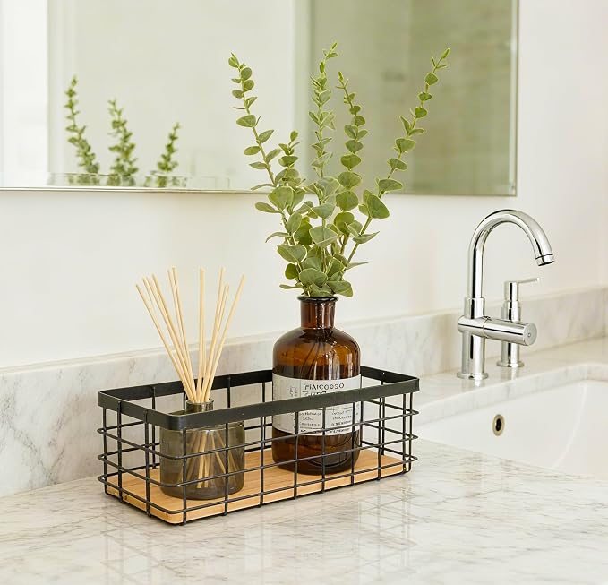ShabbyDecor Farmhouse Metal Wire Basket with Detachable Wood Base,Small | Bathroom Counter Storage Organizer for Makeup, Perfume & Skincare