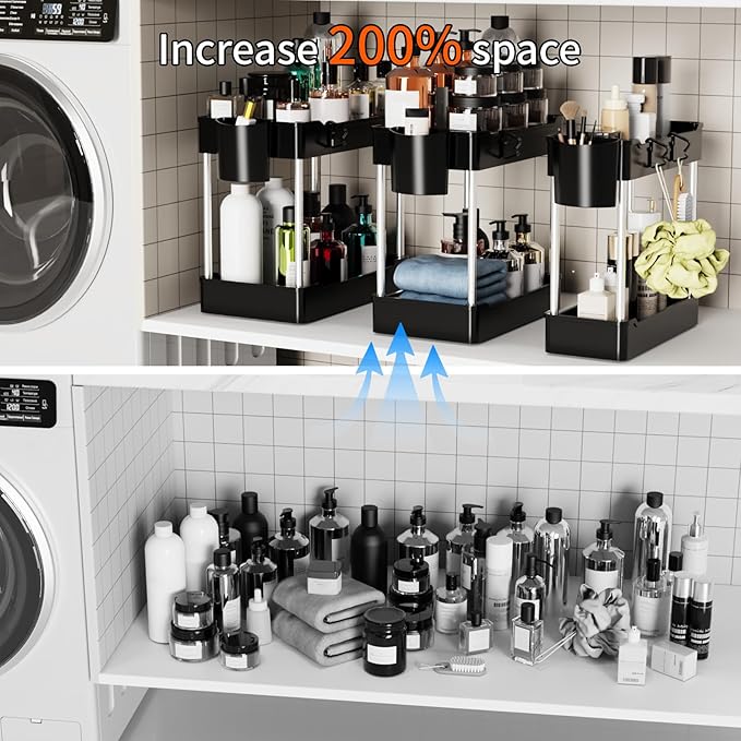 3 Pack Under Sink Organizer Bathroom and Storage Cabinet (Black) | 2 Tier with Hanging Cups for Kitchen