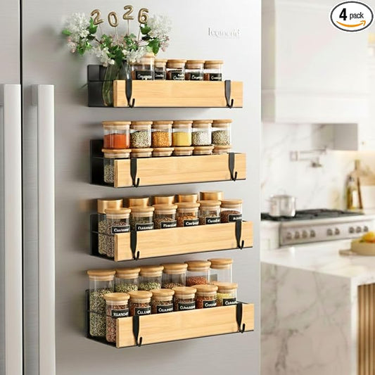 (4 Pack) Magnetic Spice Storage Rack Organizer for Refrigerator and Oven, 4 Strong Magnetic Shelf, Black Fridge Storage, Spice Rack Organizer, Metal-Bamboo