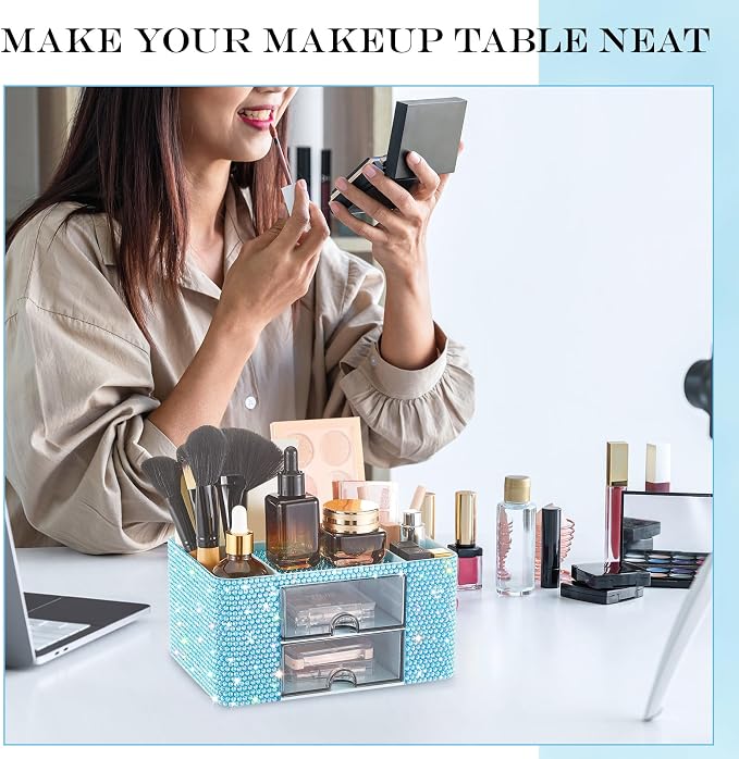 MotiMind Blue Bling Desk Organizer with 2 Drawer, Sparkly Makeup Organizer for Vanity, Girly Desk Accessories, Rhinestone Pen Holder, Elevate Your Workspace with Blue Serenity (Diamond)