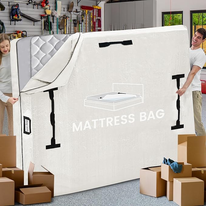 Mattress Bags for Moving and Storage, BETU Waterproof Mattress Protector King Mattress Cover with 8 Heavy Duty Handles and Zipper Extra Thick Moving Supplies for Bed Reusable (82x79x13.5 White)