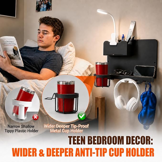 Metal Bedside Wall Shelf, Bedside Floating Shelf Wall Organizer with Detachable Cup Holder, No Drill Wall Mount for Bedroom, Dorm Room Decor, Nightstand Alternative, Bunk Bed Accessories, RV Storage