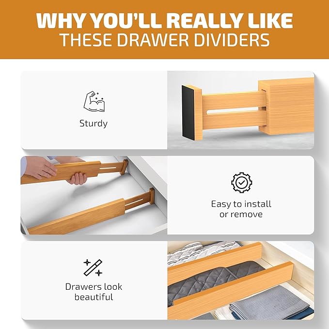 Bamboo Drawer Dividers 6 Pack - Adjustable 16-22 Inch Spring Loaded Deep Drawer Organizer Separators, 2.6 Inch High Non Slip Bamboo Dividers for Kitchen, Dresser, Clothes, Utensils, Bathroom, Office
