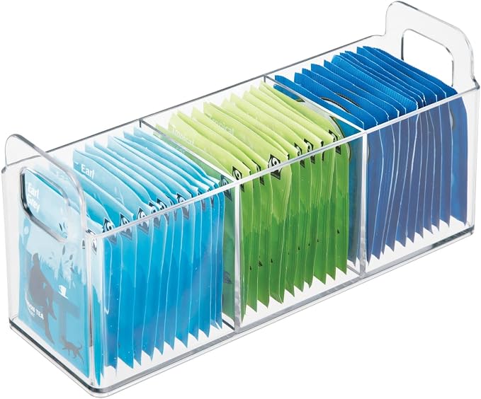 mDesign Plastic Condiment Organizer and Tea Bag Holder - 3-Compartment Kitchen Pantry/Countertop Storage Caddy - Divided Chip, Snack, Oatmeal Packet Holder - Lumiere Collection - 2 Pack, Clear