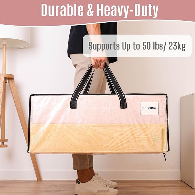 VENO 10 Pack Heavy Duty Moving Bags, Clear Packing Bags for Easy Visibility, Alternative to Moving Boxes, Storage Bins for Clothes, Blankets, Comforters, College Dorm Essentials (Clear, 10 Pack)