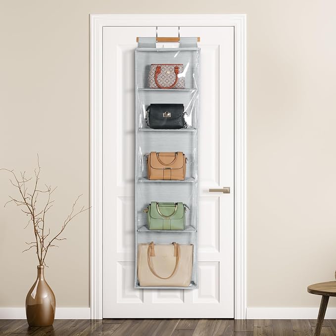 Syeeiex Hanging Handbag Purse Organizer with Zippers, 5 Mesh Shelves,Clear Slubbed Fabric+PVC Hanging Closet Bag Organizer, Dustproof Handbag Closet Tote Storage Bag for Door, Wardrobe, Shelf Rack