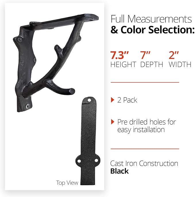 NACH Decorative Shelf Brackets, 2 Pack of 7 x 2 x 7.3 inch, Black Cast Iron Rustic Shelf Brackets - Metal Shelf Brackets for Wall - Tree Branch Shelf Bracket