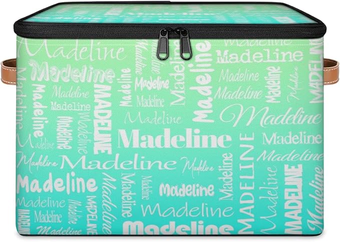 Custom Storage Basket with Name, Personalized Keepsake Box with Zipper Lid, Foldable Fabric Memory Bin Large capacity with Handle Green Blue