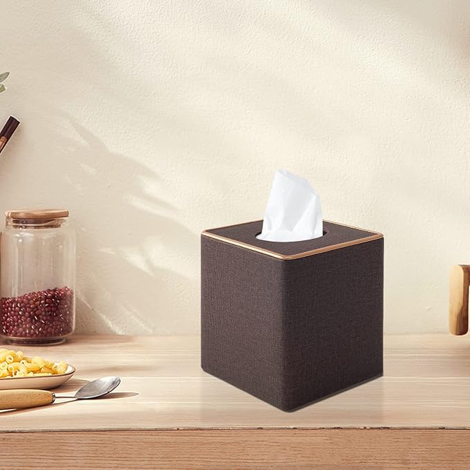 Tissue Box Cover Square Tissue Box Holder PU Leather Facial Organizer with Magnetic Bottom,Decorative Napkin Caddy for Vanity Dresser Night Stand Table Countertop Home Office Car,Coffee