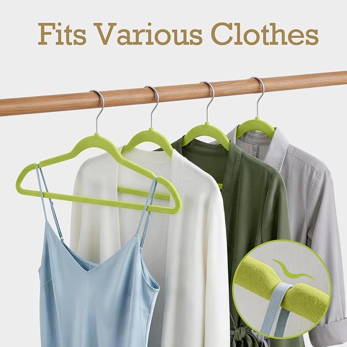 HOUSE DAY Vibrant Green Velvet Hangers 60 Pack, Non Slip Clothes Felt Hanger Heavy Duty for Coat, Premium Slim Space Saving Suit Hangers for Closet Organizer, 360° Rotating Silver Hook
