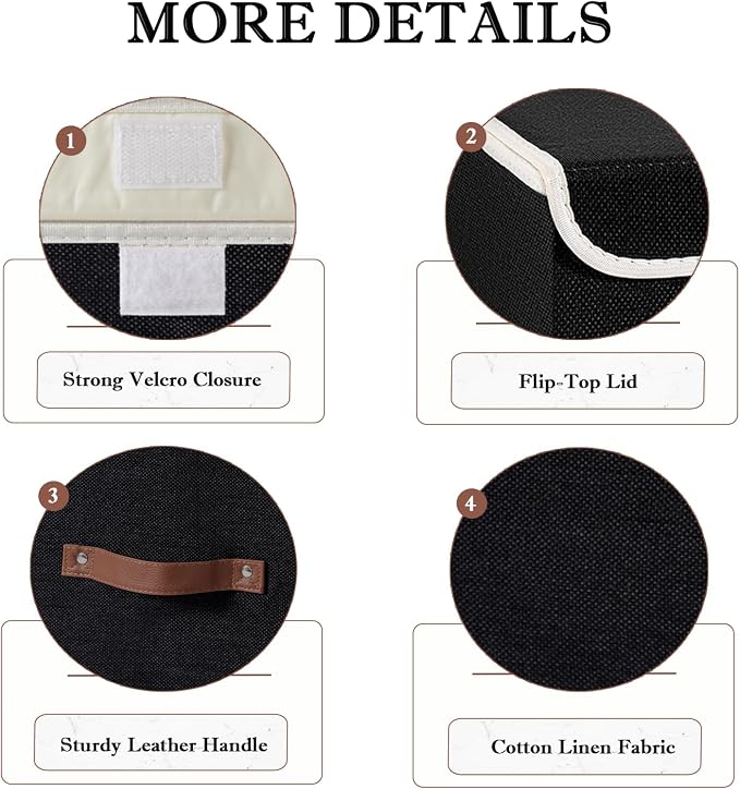 2PCS Collapsible Storage Boxes Baskets with Lid Cotton Linen Fabric Storage Bins with Faux Leather Handles Washable Cube Organizer Container for Home Closet Bedroom (Black, Small Size)