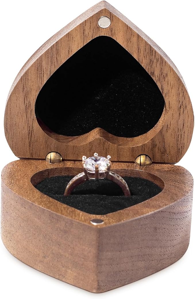 Engagement Proposal Ring Box Secret Slim Engraved Wooden Heart Case | Engrave"A Promise is Forever", Walnut Wood Ring Bearer Box Jewelry Storage Holder Display for Wedding Ceremony Commemoration