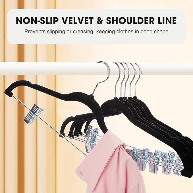 36-Pack Black Velvet Hangers with Clips Adjustable,Adult Hangers,Heavy-Duty,Felt,Non-Slip,Space Saving,Slim Outfit Hanger for Pants, Skirts, Suits,Coats, Dresses ect.