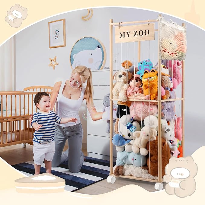 GLDZI Stuffed Animal Storage Zoo with Wheels, Wooden Stuffed Animal Organizer with Elastic Cords, Space Saving Toy Plushies Storage Holder for Playroom, Bedroom, Living Room(Burlywood, Large)