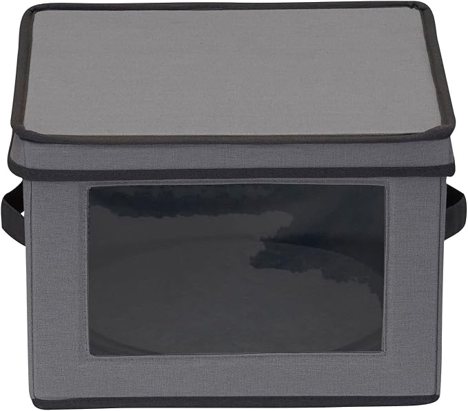 Household Essentials Dinner Plate Storage Box, Strong Frame and Handles, Windowed Panel, Fully Removable Lid, Stackable and Foldable, Perfect for Preserving Your Dinnerware, Gray