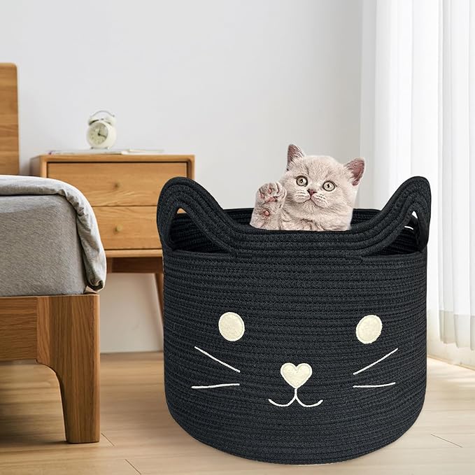 VK VK·LIVING Large Cat Toy Basket with Handles 15" Lx14 H Cotton Rope Toy Box with Black Cat Design, Gift Basket for Laundry, Baby, Towels, Blankets, Woven Cotton Rope Animal Storage Organizer