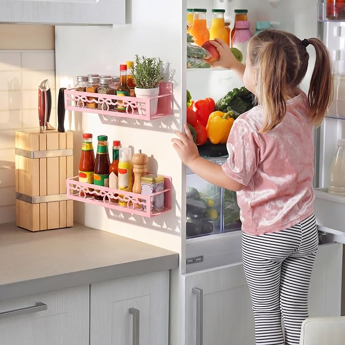 Beeveer 2 Pack Lace Bow Magnetic Spice Rack for Refrigerator Metal Magnet Basket Shelf for Fridge Seasoning Storage Organizers Home Decor Kitchen Accessories (Pink)